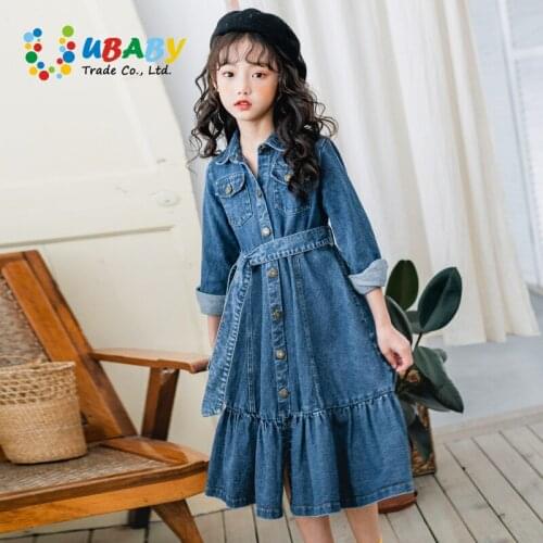 Spring Autumn Fashion Kids High Quality Teenage Girls Long Sleeve Denim Dresses Childrens Lapel Button Dress 4 To 16 Years