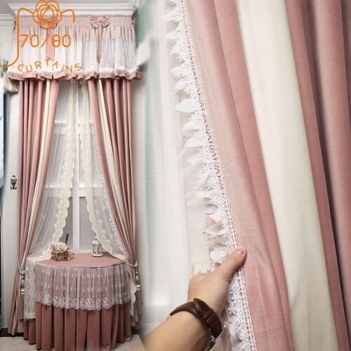 French High-end Pink Princess Style Pure Color Flannel Lace Stitching Curtains Blackout Curtains for Bedroom Living Room
