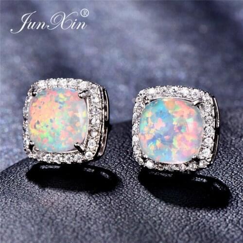 JUNXIN White/Green/Blue Fire Opal Earrings For Women Silver Color Rainbow Birthstone Square Stud Earring Female CZ