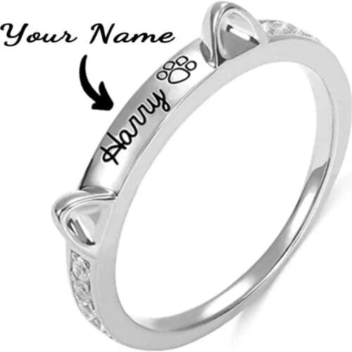 Personalized Pet Dog Bones Shaped Cat Ears Name Finger Rings for Women Girls Customized Baby Names and Paw Fashion Jewelry Gift