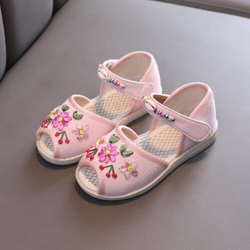 Summer Girls Cotton Sandals Floral Embroider Retro Hanfu Shoes Open-toe Light-weight Flat Dance Shoes Baby Students Espadrilles