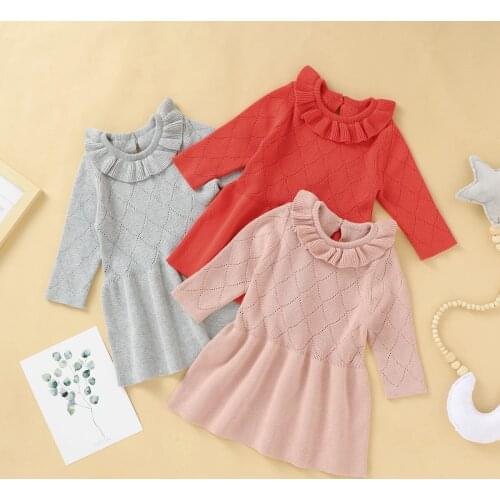 Lioraitiin 0-18M Newborn Infant Baby Girl Autumn Dress Long Sleeve Solid 3Colors Knitting Fall Clothing