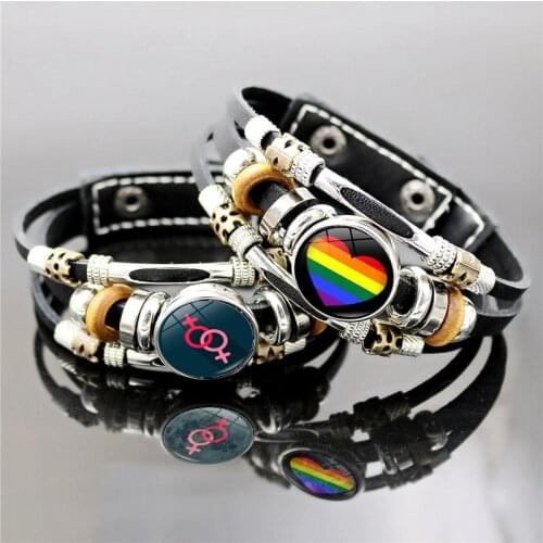 Love Is Love Gay Pride Glass Snap Button Bracelet Rainbow LGBT Bisexual Jewelry Vintage Multilayer Black Leather Bracelet Gift