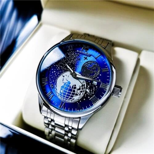 Mens Business Watch Trend Fashion Moon Phase Stars Automatic Mechanical Watch Alloy Case Luminous Wrist watch Relogio Masculino