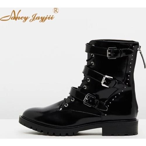 Winter Motorcycle Boots Patent Leather Round Toe Black Solid Zipper Women Shoes Ladies Ankle Fashion Dress Big Size 45 44 2019