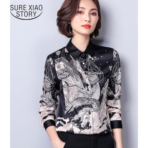 2021 Spring New Women Shirt Black Print Chiffon Printed Shirt Female Long Sleeves Blouse Elegant Office Lady Blusas D374 30