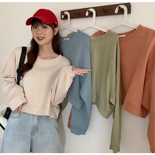 Solid Color Sweatshirt Women Casual Tops Spring Autumn O neck Loose Ladies Short Pullover Hoodies Mujer