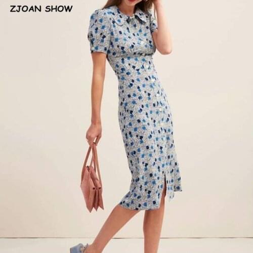 Elegant French style Women Floral Print Shirt Dress Office Ladies Single-breasted Buttons Lapel Retro Summer Dresses Vintage