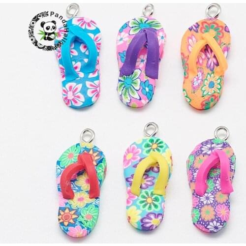 Handmade Polymer Clay Pendants, with Alloy Findings, Flip-flops, Mixed Color, 30~32x13x9mm, Hole: 2.5mm