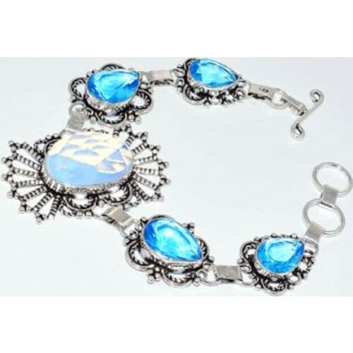 Blue Toaps & Fire Opal Silver Overlay on Copper Bracelet , 20.5 cm, B3467