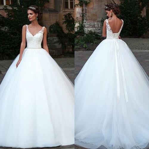 New Custom Made V-Neck Wedding Dress Ball Gown Tulle Dresses Lace up Back 2020 Appliques Robe De Mariage