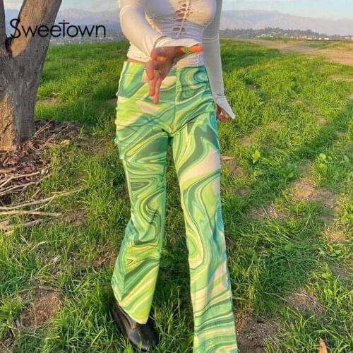 Sweetown Paisley Tie Dye Print Straight Pants Spring Summer 2021 Fashion High Waist Streetwear Trousers Female Slim Joggers 90s