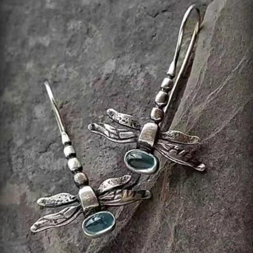 Vintage Dragonfly Drop Earrings For Women Antique Silver Plated Wedding Jewelry Green Stone Dangle Pendant Hook Earrings Bijoux
