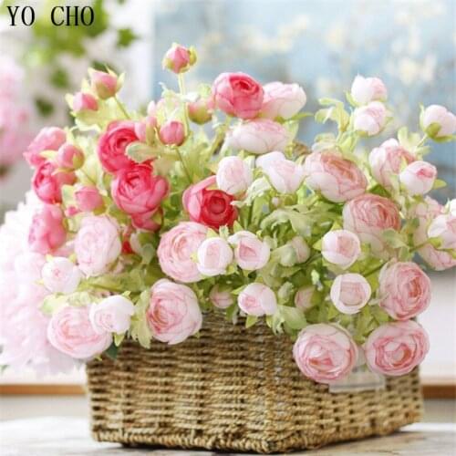 YO CHO mini Peony Silk Flower European 1pc Artificial Flowers Wall Vivid Tea Rose Fake Leaf Wedding Home Party Decoration DIY