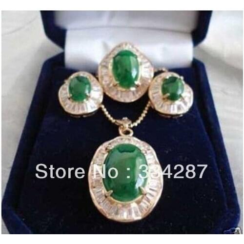 Yellow 18KGP tones green jades Inlay oval Pendant Bracelet earrings Set