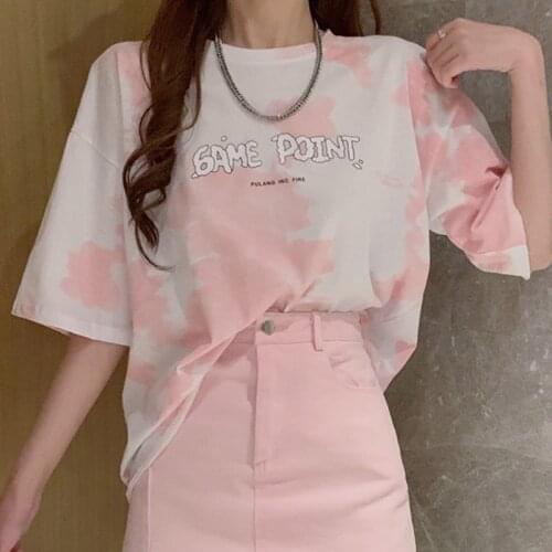 Loose Fashion Tie-dye O-Neck Short Sleeve Pink Print Womens Long Oversized T-Shirt 2021 Casual Tee Shirts Female Summer Tops