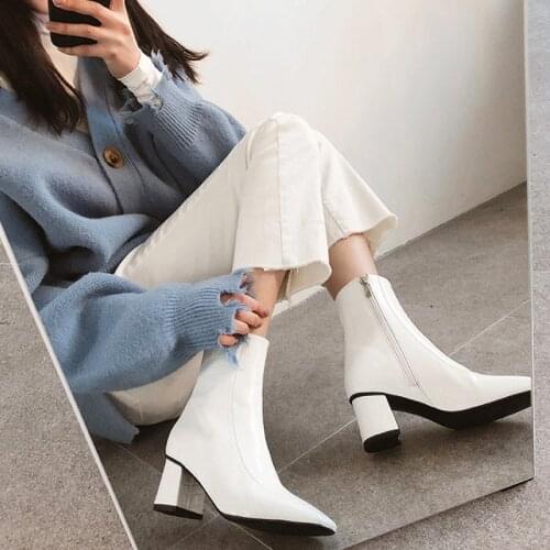 Boots Leather Shoes for Winter Woman Formal Wear Autumn Genuine Leather Female Ankle Boots Square Head Thick Heel Size 33-42
