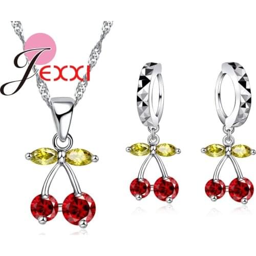 Party Gift Colorized Crystal Women Jewelry Sets 925 Sterling Silver Necklace Earrings Cherry Design Dangle Pendants