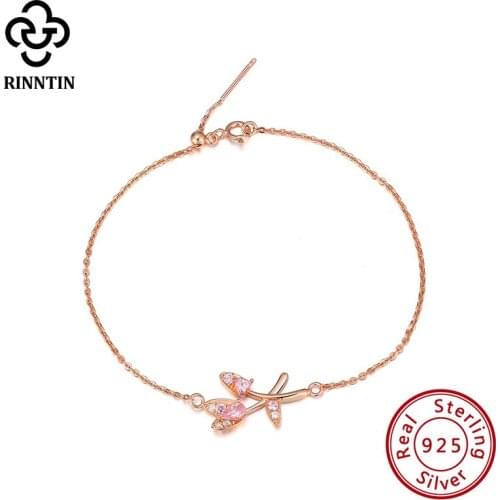 Rinntin Pure 100% 925 Sterling Silver Leaf Design Delicate AAAA Zirconia Bracelet Jewelry 22CM For Women Daily TEQB02