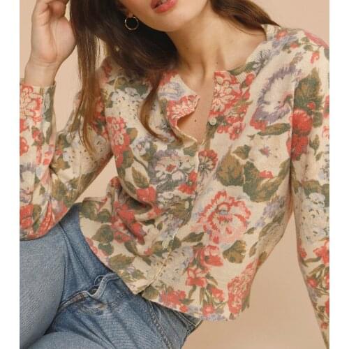 Floral Print Women O-Neck Knitted Cardigan 2021 Early Spring Long Sleeve Single-Breasted Sweater Female Outfit Knitwear Tops