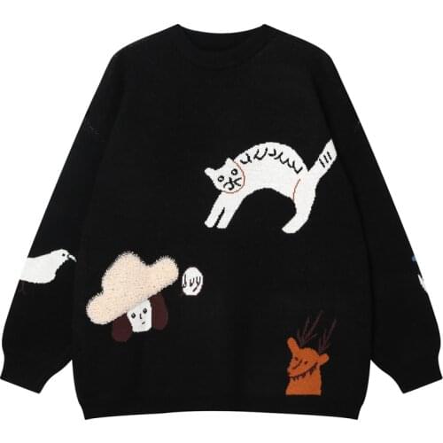 Christmas Pretty Women Funny Cat Sweater O-neck Long Sleeve Ladies Winter Knitted Jumpers Top Black Sweaters