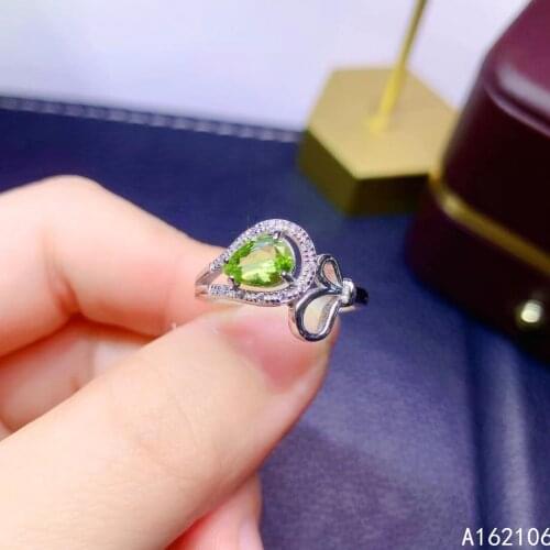 925 Pure Silver Chinese Style Natural Peridot Womens Luxury Noble Water Drop Adjustable Gem Ring Fine Jewelry Support Detection