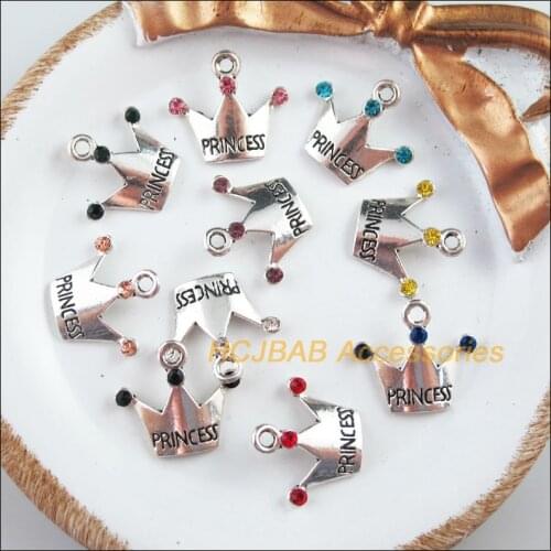 10Pcs Tibetan Silver Tone Princess Crown Mixed Crystal Charms Pendants 17x19mm
