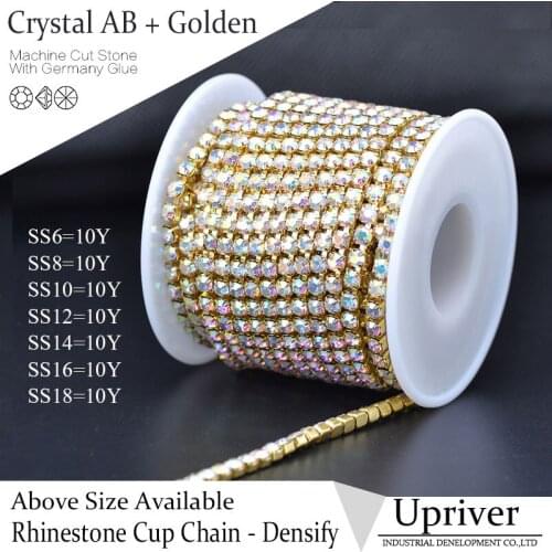 Upriver 10yards/roll Golden Base Densify Claw Shiny Strass Crystal AB Rhinestone Cup Chain For Making Crafts