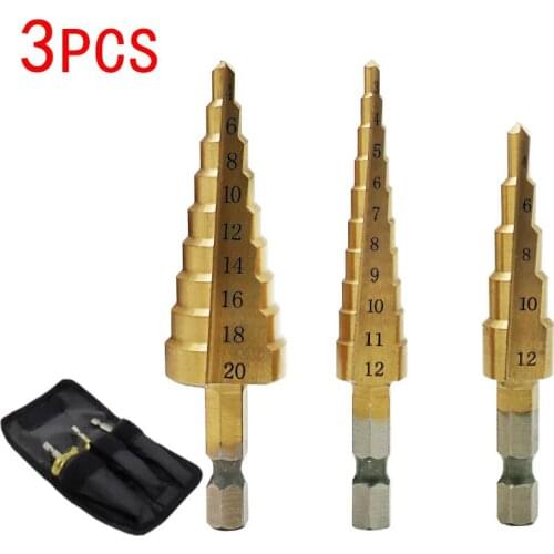3pcs/Set Titanium Step Drill Bits HSS Power Tools High Speed Steel Hole Cutter Wood Metal Drilling 3-12mm 4-12mm 4-20mm
