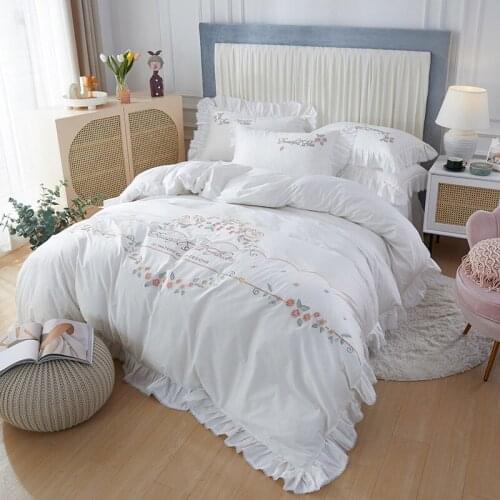 White Princess Style Embroidery Cotton Duvet Cover Bed Linen Fitted Sheet Pillowcases Bedclothes King Queen Size 4PCS