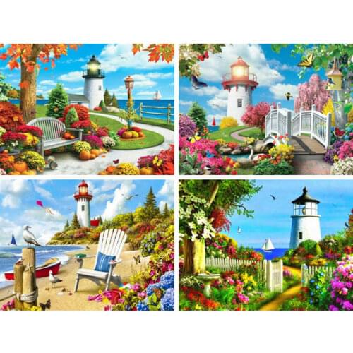 AZQSD Diamond Painting 5d Lighthouse Cross Stitch Rhinestones 5D Diamond Embroidery Landscape Wall Art Handmade Home Decor