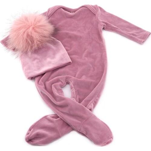 Baby girls boys velvet romper autumn winter soft thicker baby bodysuit with real fur pompm hat sets kids footies Dropshipping