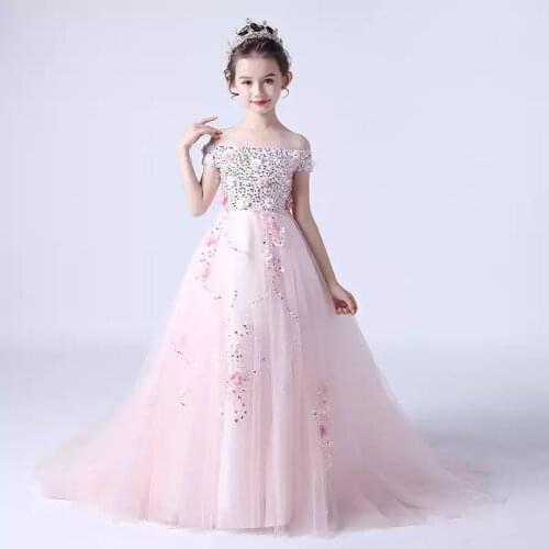 Flower Girl Dresses Off The Shoulder Beading Crystal Sequined Appliques Short Boat-Neck Princess Tulle Lace Kids Party Gown H544