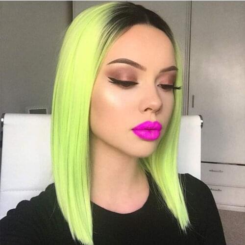 Fluorescent Green Short Bob Wigs for Women Light Green Synthetic Lace Front Wig with Baby Hair Dark Roots Glueless Short Bob Wig