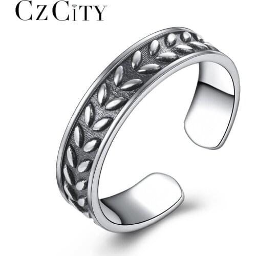 CZCITY Solid 100% 925 Sterling Silver Open Rings For Women Leaves Vintage Female Adjustable Ring Fashion Jewellery Free Shipping
