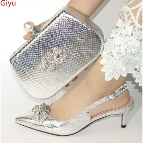Doershow Italian Shoe and Bag Set New 2019 Women Shoes and Bag Set In Italy silver Color Italian Shoes with Matching Bags!HKK1-6
