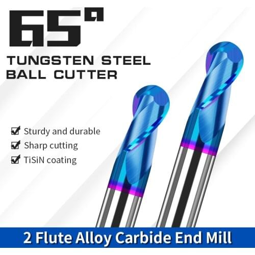 AUGT Ball Nose End Mill HRC65 1-20mm Shank 2 Flute CNC Router Bit Nano Blue Coated Carbide Milling Cutter For Metal Tools