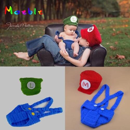 Crochet Mario Bros Newborn Baby Boy Photography Props Cartoon Costume Infant Baby Knitted Hat Diaper Set Photo Prop MZS-16070