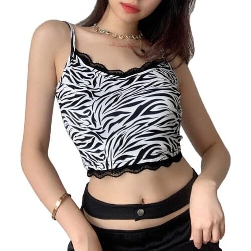 Fashion Women Animal Zebra Print Sexy Lace Strap Sexy Crop Top Ladies Summer V Neck Ruffles Vintage Cami Top Sweet Clothes