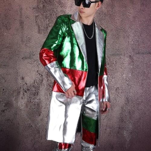 Mens Jacket Streetwear Hip Hop PU Leather Splice Slim Fit Long Blazers Suit Coat Blazer Hombre Casual Christmas Costumes