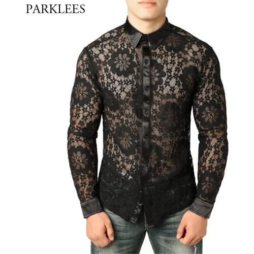 Mens Sexy See Through Black Lace Shirt Slim Fit Long Sleeve Fishnet Clubwear Shirt Men Flower Embroidery Transparent Sheer Tops