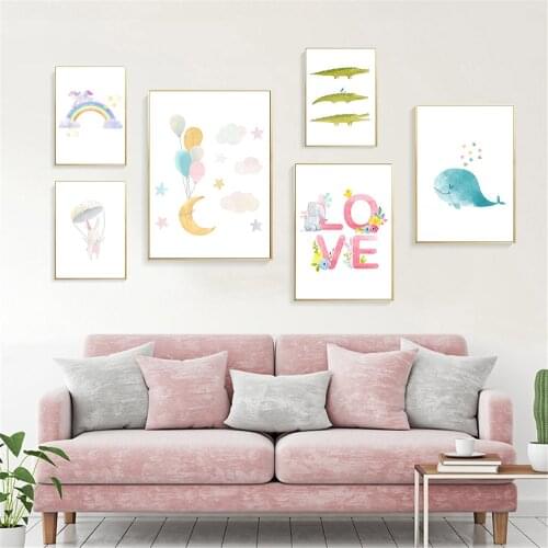 Pink Love Quotes Painting Moon Rainbow Canvas Print Whale Unicorn Rabbit Poster Nursery Wall Art Pictures Baby Kids Room Decor
