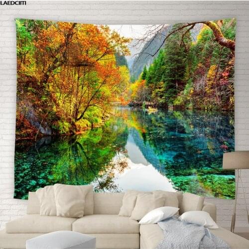 Natural Landscape Tapestry Autumn Waterfall Forest Lake Plant Scenery Background Wall Hanging Cloth Living Room Bedroom Decor
