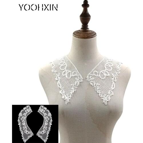 NEW 1pair mesh flower embroidery DIY lace collar Fabric Sewing ribbon trim Applique neckline craft cloth Wedding dress decor