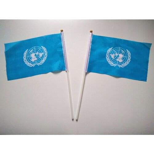 Wholesale Hand wave UN banners United Nations National flags polyester materials with pole 14*21 cm