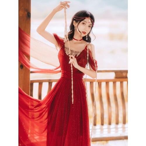 Holiday Style Red Retro Maxi Dress Sequined Chiffon Lace Square Collar Elegant Strapless Thin Fairy Temperament Dress Summer