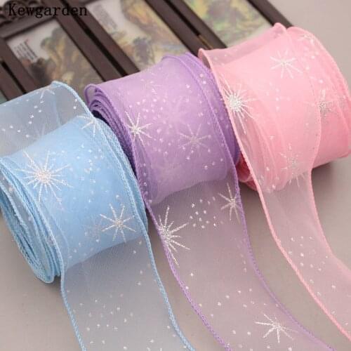 Kewgarden 55mm 2" Sliver Snowflake Organza Ribbon DIY Hair Bow Accessories Handmade Tape Packing Webbing Wholesale 35 Meters