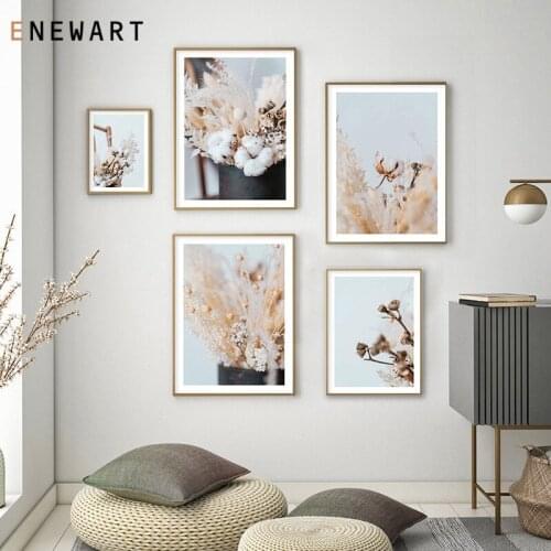 Nordic Beautiful Autumn Dried Flower Wall Art Photo Cotton Eucalyptus Poster Picture for Living Room Gallery Canvas Printing
