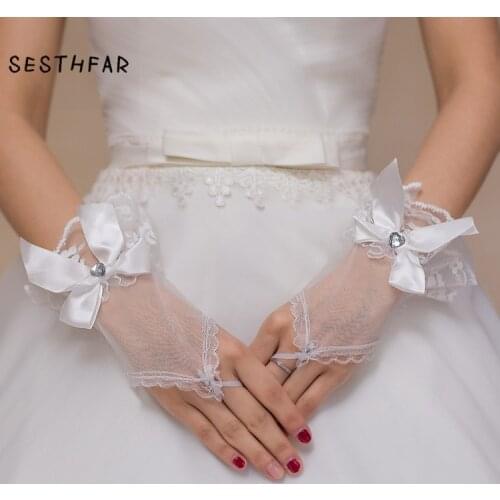 SESTHFAR Bridal Gloves Short White Tull bow Fingerless Wrist Length Gloves Wedding Accessories