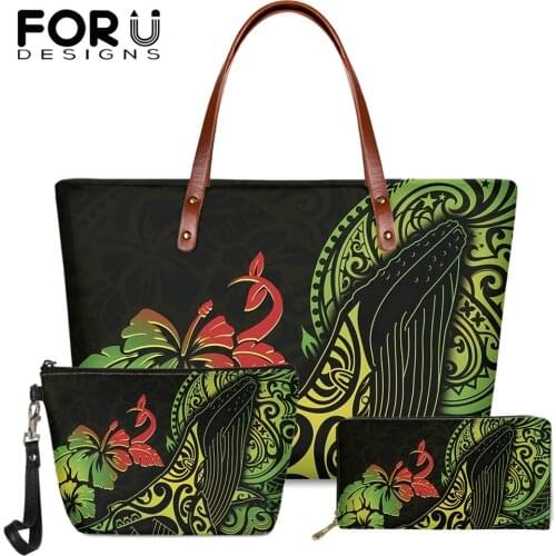 FORUDESIGNS Vintage Women Handbag And Purse 2pcs Set Polynesian Humpback Whale Printed Ladies Casual Shoulder Sac Bolsa Mujer